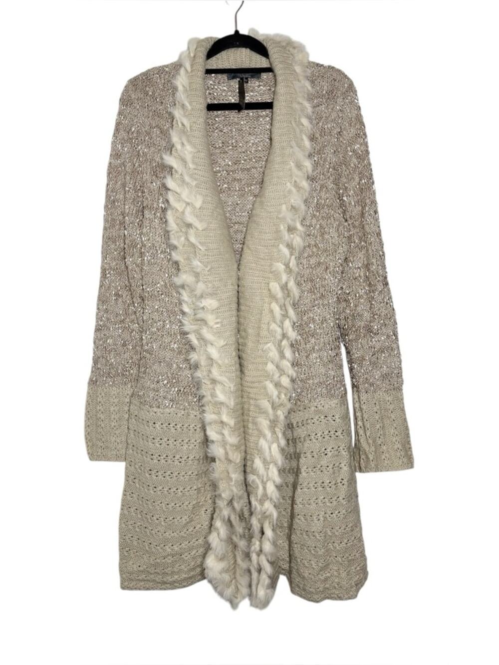 Vintage Y2K NWOT Sioni Beige Wool Blend Rabbit Fur Trim Long Cardigan XL
